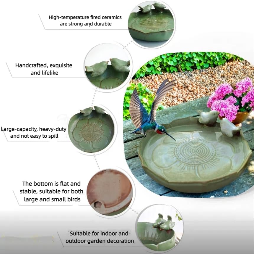 Bird Bath for Outside on Ground, 10 in Ceramic Birds Bath Bowl, Handmade Ground Bird Feeders and birdbath for Outdoors for Outdoors, Garden, Tabletop, Balcony and Lawn (Big - shallow)