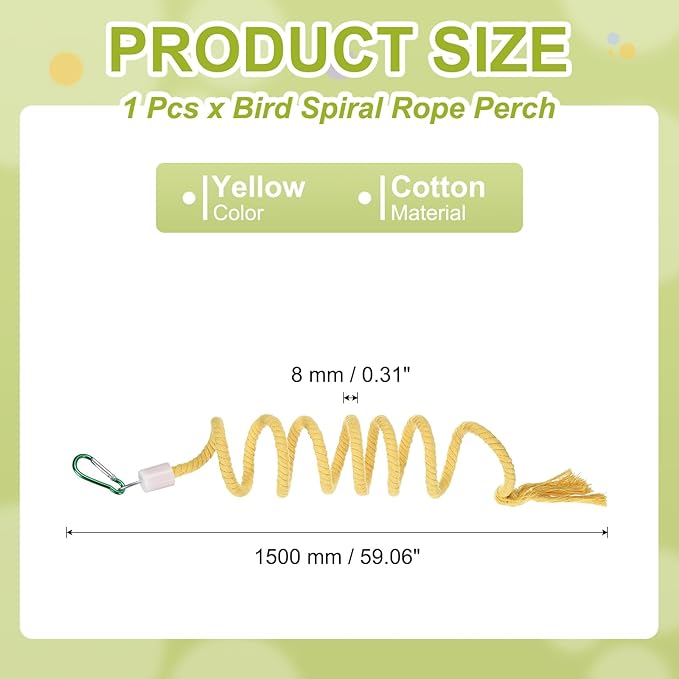 Bird Rope Perch Swing, Spiral Rope Perch Standing Pole Accessory Climbing Swing Paw Grinding 59 Inch, (Yellow) Intended for Parrot/Parakeet/Budgies/Cockatiels/Lovebirds