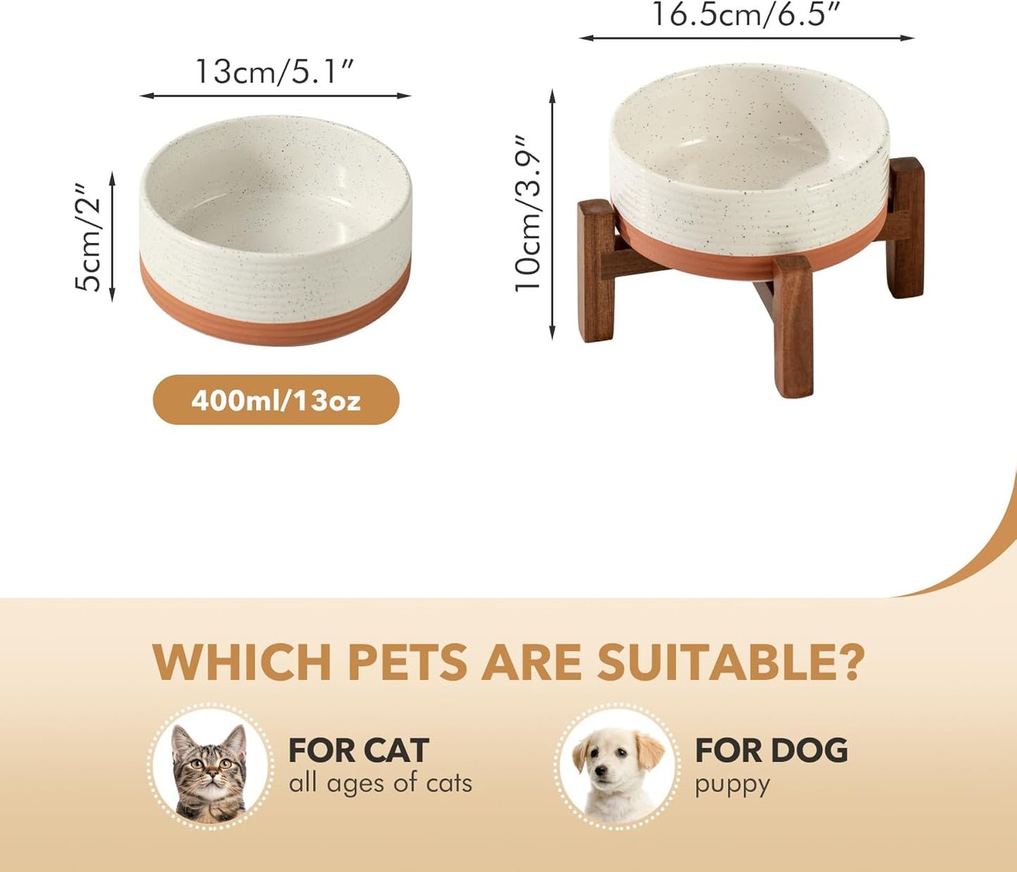 Ceramic 5.1inch Raised Dog and Cat Bowl Set, 2 Heights Elevated Wooden Stand for Puppy, Kitty, Cats, Weighted Pet Food and Water Dishes(5.1'',13.5oz, Vanilla White)