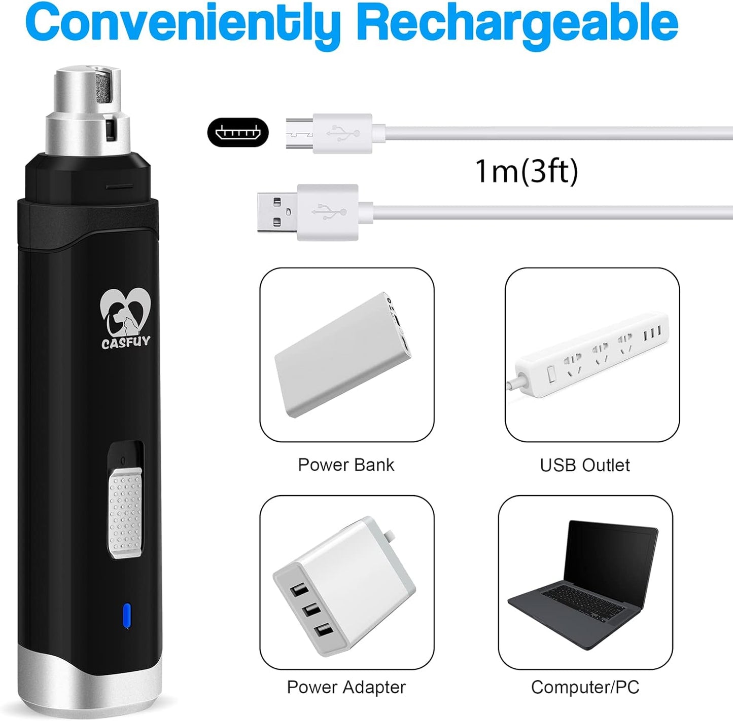 Casfuy Dog Nail Grinder Upgraded - Professional 2-Speed Electric Rechargeable Pet Nail Trimmer Painless Paws Grooming & Smoothing for Small Medium Large Dogs & Cats (Black)