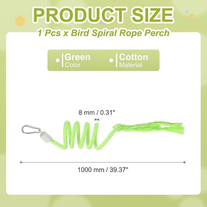 Bird Rope Perch Swing, Spiral Rope Perch Standing Pole Accessory Climbing Swing Paw Grinding 39 Inch, (Green) Intended for Parrot/Parakeet/Budgies/Cockatiels/Lovebirds