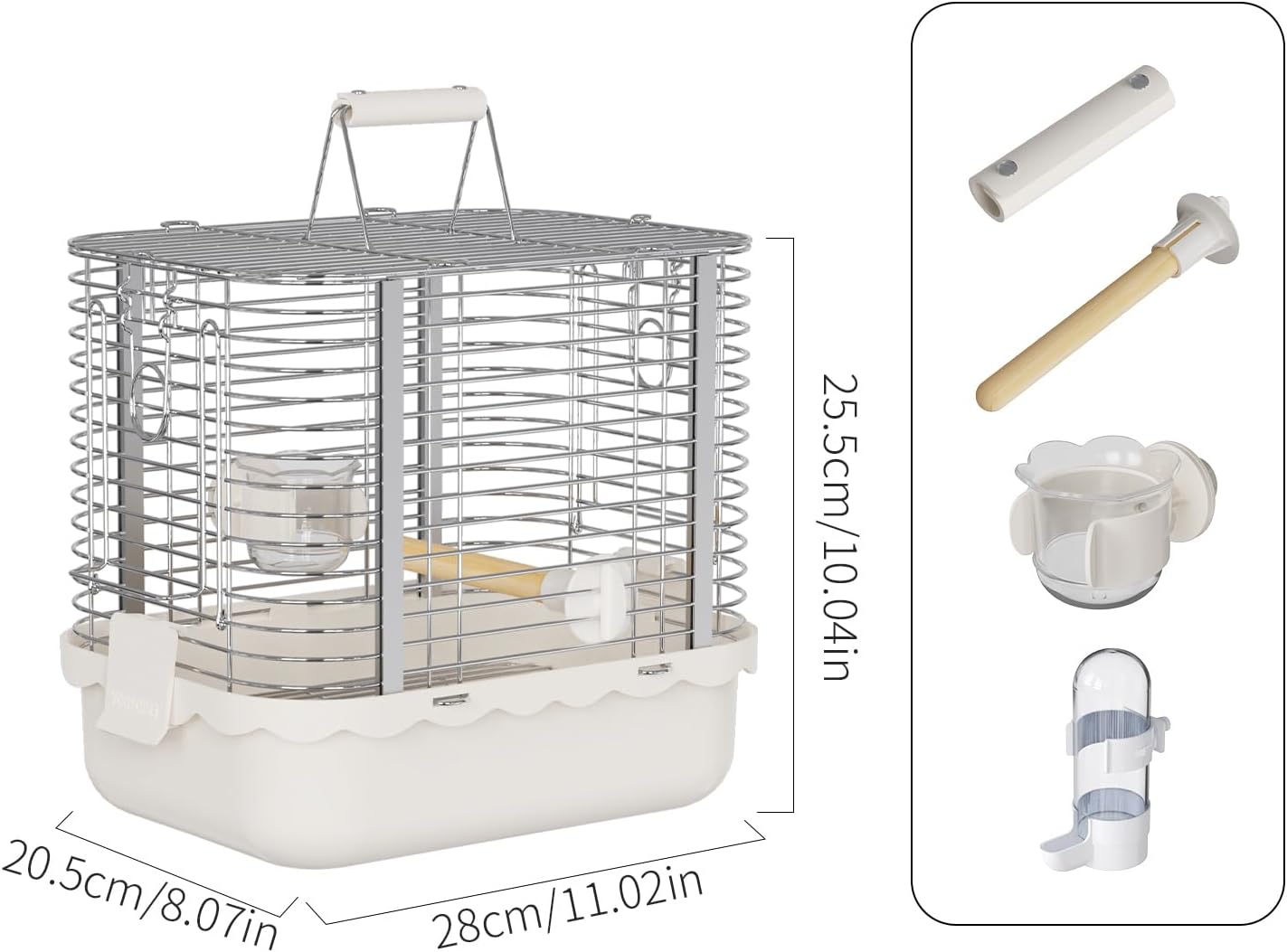 Bird Carrier Travel Cage, Durable Portable Stainless Steel Birdcage with Bird Perch & Feeding Bowl for Parrots Canaries Budgies Lovebirds Conures Cockatiels (Small White)