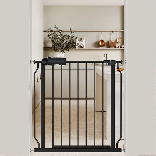 Black Baby Gate 29-34 Inch Wide Walk Through Pressure Mounted Safety Gate with Door No Drill Tension Metal Gate for Dog Cat and Toddler