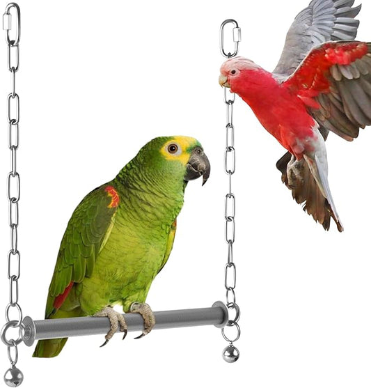 Stainless Steel Large Bird Swing, Hanging Heavy Duty Parrot Swings Perches Stand Toys with Bell, Claw Grinding Birdcage Accessories for Macaw Afican Grey Amazon Cockatoo