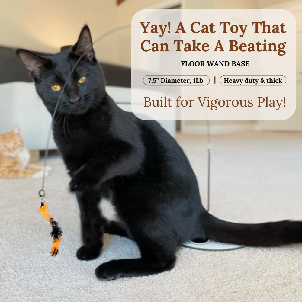 Cat Wand Toy with Round Base – Interactive Feather & Glow-in-The-Dark Octopus Attachments – Suction Cup Cat Toy for Indoor Cats & Kittens