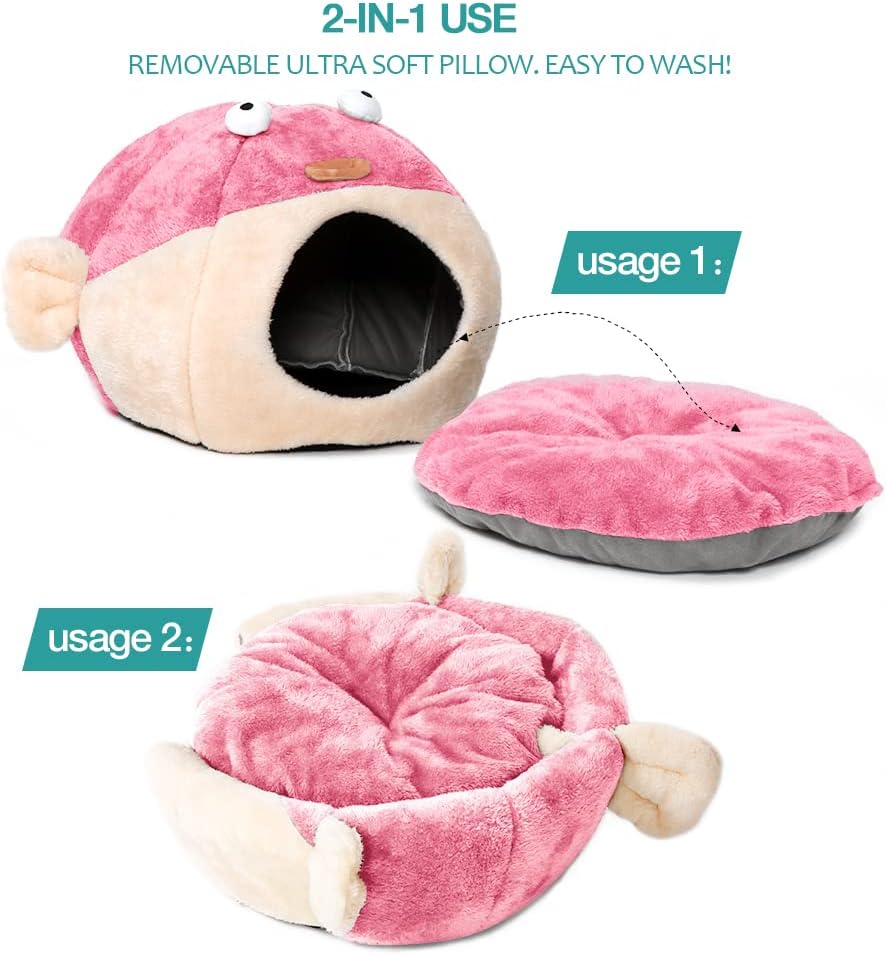 Cat Beds for Indoor Cats - Cat Bed Cave with Removable Washable Cushioned Pillow, Soft Plush Premium Cotton No Deformation Pet Bed, Lively Pufferfish Cat House Design, Pink, Multiple Sizes(L)