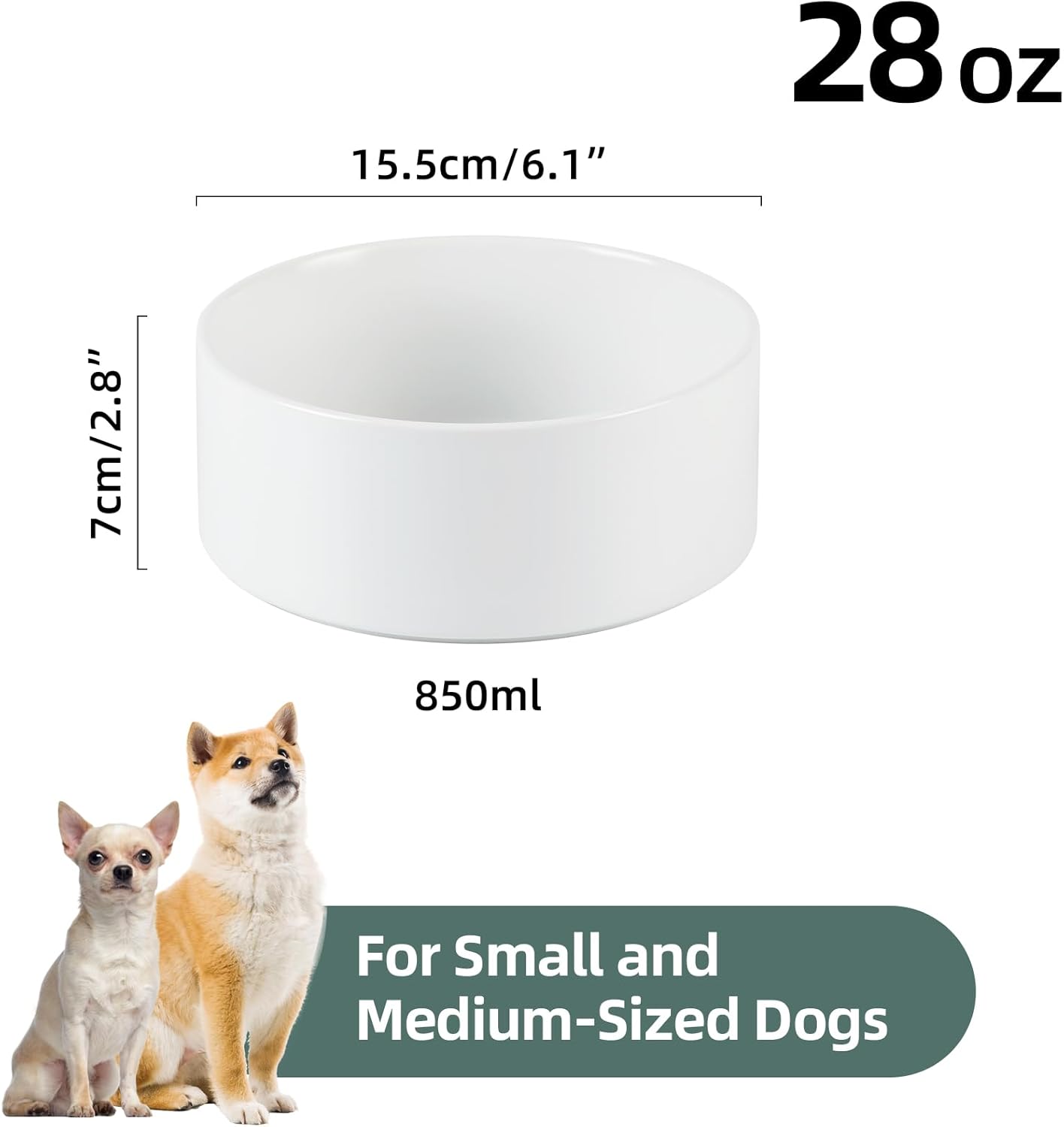 Ceramic 6.1inch Non-Slip Dog Food and Water Bowl for Small & Medium Breed Dogs,Pet Bowl for Replacement, Protects Cervical Spine (White)