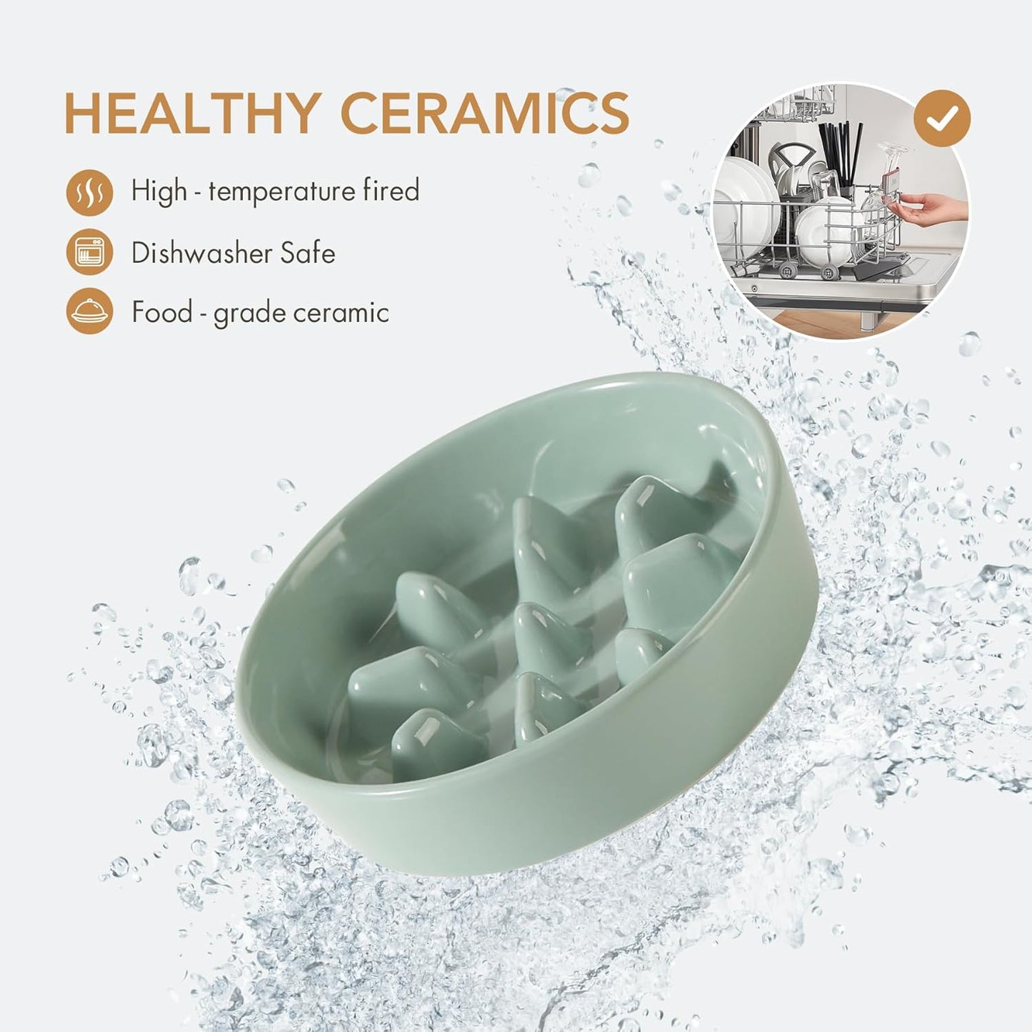 Ceramic 7.3 inch Dog Bowl Slow Feeder, Slow Pet Food Dish for Medium and Small Dog, Stop Bloat, Preventing Choking(Single Bowl, Light Green)