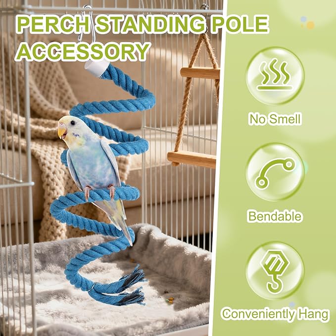 Bird Rope Perch Swing, Spiral Rope Perch Standing Pole Accessory Climbing Swing Paw Grinding 59 Inch, (Yellow) Intended for Parrot/Parakeet/Budgies/Cockatiels/Lovebirds