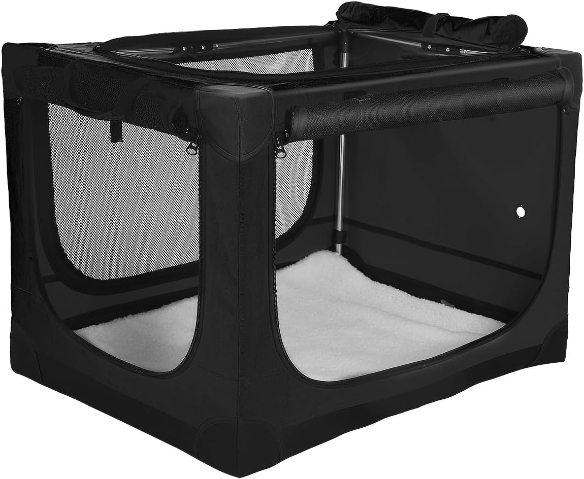 24-Inch Collapsible Travel Dog Crate, Portable 4-Door Soft Kennel for Medium to Large Dogs, Durable Mesh Windows, Indoor/Outdoor Use, Foldable, with Storage Bag (Black)