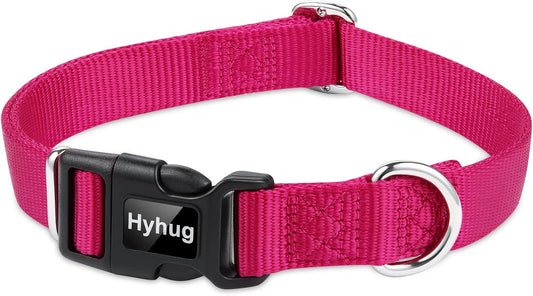 Hyhug Pets Solid Color Classic Regular Heavy Duty Basic Collar for Medium Dogs, Unique Design Adjustment Triglide Slide (Buckle) Can Attached Name Tag Accessories. (Medium, Rose Red)