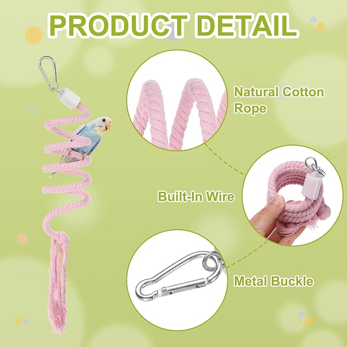 Bird Rope Perch Swing, Spiral Rope Perch Standing Pole Accessory Climbing Swing Paw Grinding 59 Inch, (Pink) Intended for Parrot/Parakeet/Budgies/Cockatiels/Lovebirds