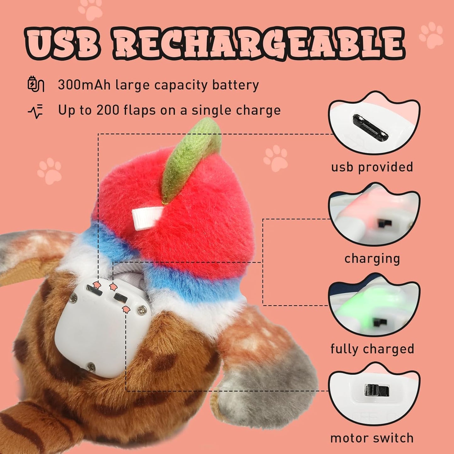 Cat Toys, Flapping Wings Cute Pheasant, No Flying, Chirping Bird Interactive Catnip Toy for Kitten or Small Dogs, Touch Activated, Rechargable