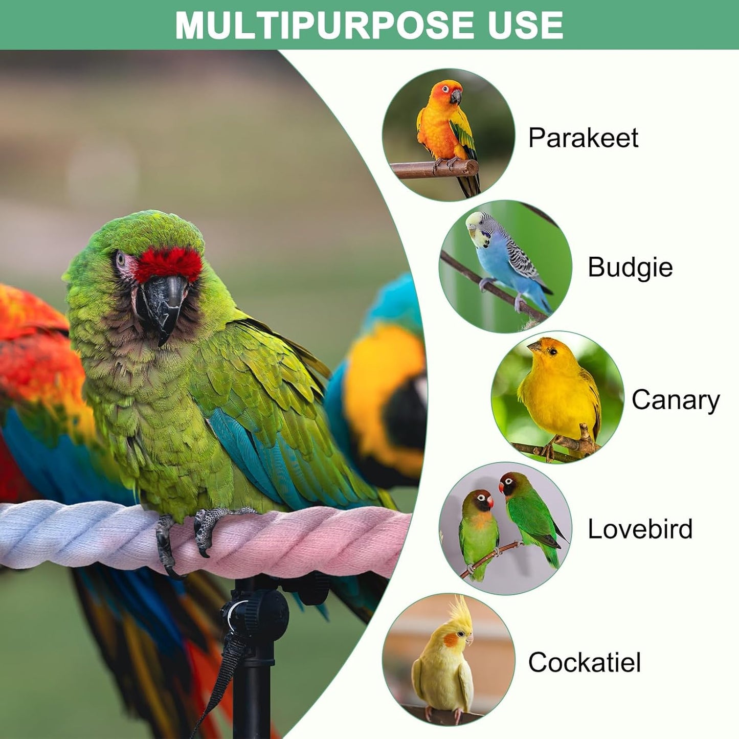 2-Pack Rope Perches for Bird Cages, 23.6 in Length Comfort Grip Flexible Rope Perch Beak & Paw Grinding for Parrots/Cockatiels/Parakeets, Bird Platform Sand [Pink Blue]