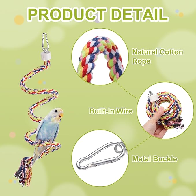 Bird Rope Perch Swing, Spiral Rope Perch Standing Pole Accessory Climbing Swing Paw Grinding 39 Inch, (Rainbow) Intended for Parrot/Parakeet/Budgies/Cockatiels/Lovebirds