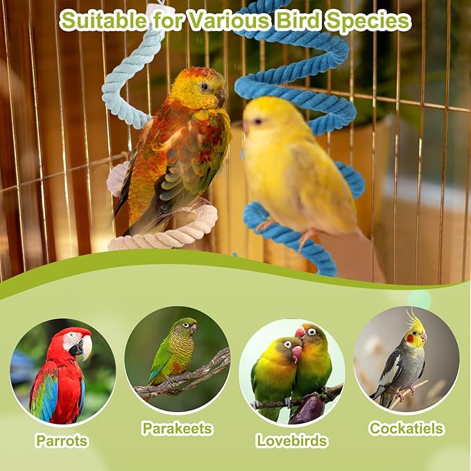 Bird Rope Perch Swing, Spiral Rope Perch Standing Pole Accessory Climbing Swing Paw Grinding 39 Inch, (Green) Intended for Parrot/Parakeet/Budgies/Cockatiels/Lovebirds