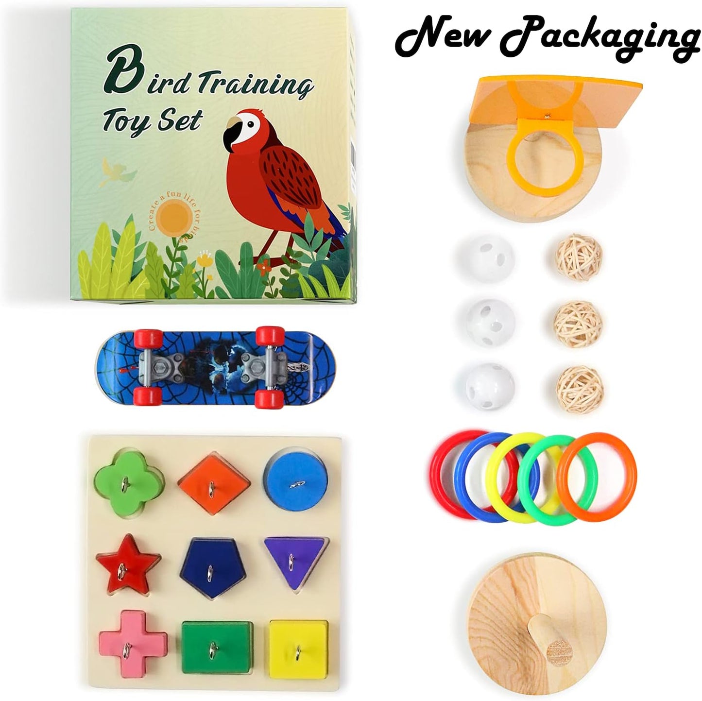 Bird Toys For Parakeets,5pcs Parrot Toys Set （Include Bird Basketball Toy、Bird Skateboard、Bird Stacking Toy、Parrot Wooden Block Puzzles Toy、Small Sepak Takraw）,Parakeet Toys、For Bird Training Toys12