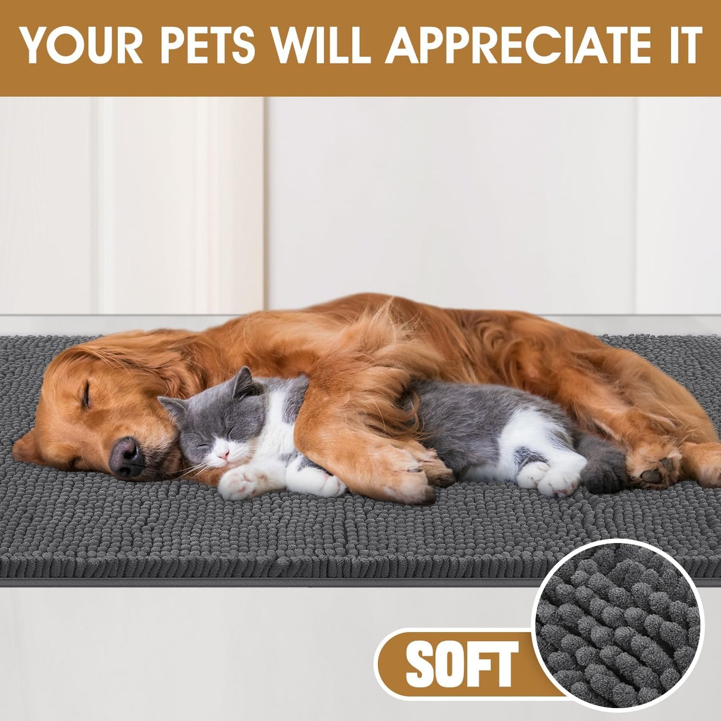 IM HOME Extra Large Dog Door Mats for Muddy Paws, Chenille Absorbent Dog Mats, Non Slip Heavy Mud Mat for Dogs, Soft Pet Mat for Entryway, Mud Paws, Inside Floor,60" x 36", Grey