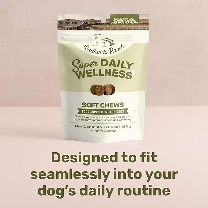 Badlands Ranch Super Daily Wellness Soft Chews for Dogs – Superfood Blend with Flaxseed, Turmeric & Lion’s Mane Mushroom – 60 Soft Chews