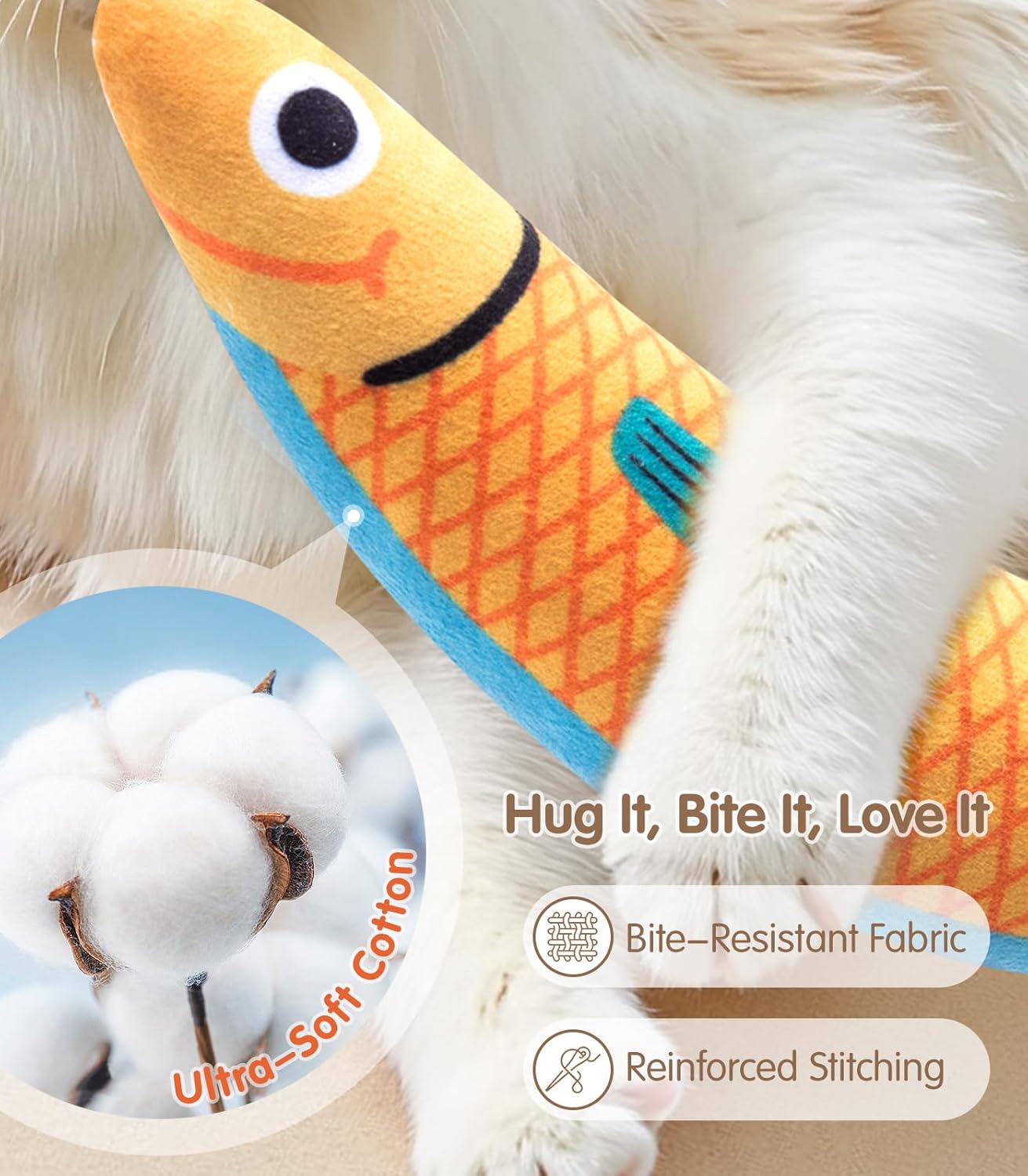 Interactive Cat Toys with[5000mg Premium A+Catnip][Baby Grade] Soft Chew Kicker Cat Toys for Indoor Cats & Kittens, Crinkle &Rattle Fish Sound Toy, Drives Bored Cats Crazy with Fun,3 Pack