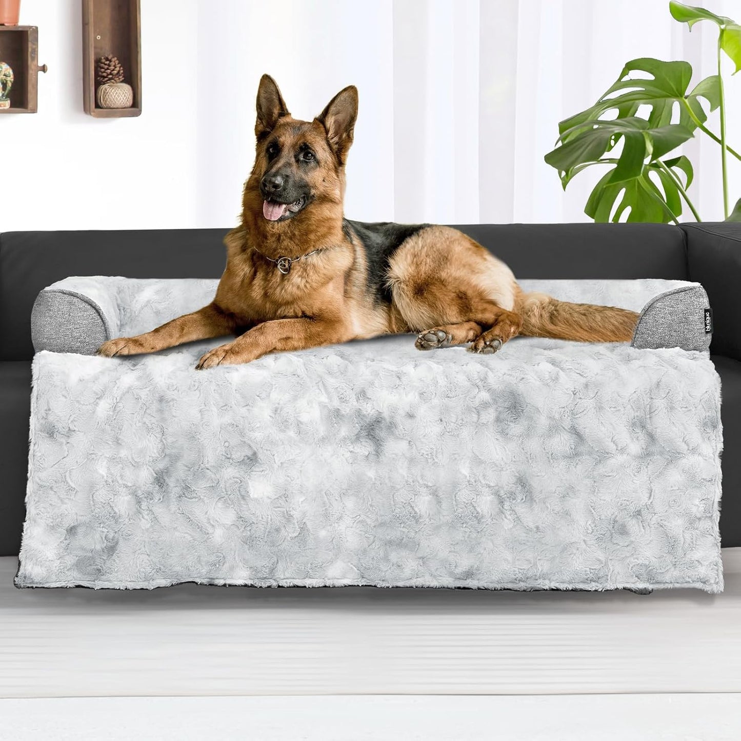Calming Extra Large Dog Couch Bed for Dogs, 45 x 37 inch Waterproof Removable Pet Mat Couch Cover for Furniture Protector, Non-Slip Fluffy Pelsbarn Dog Bed for Couch, Sofa, Car - Tie-Dye Grey