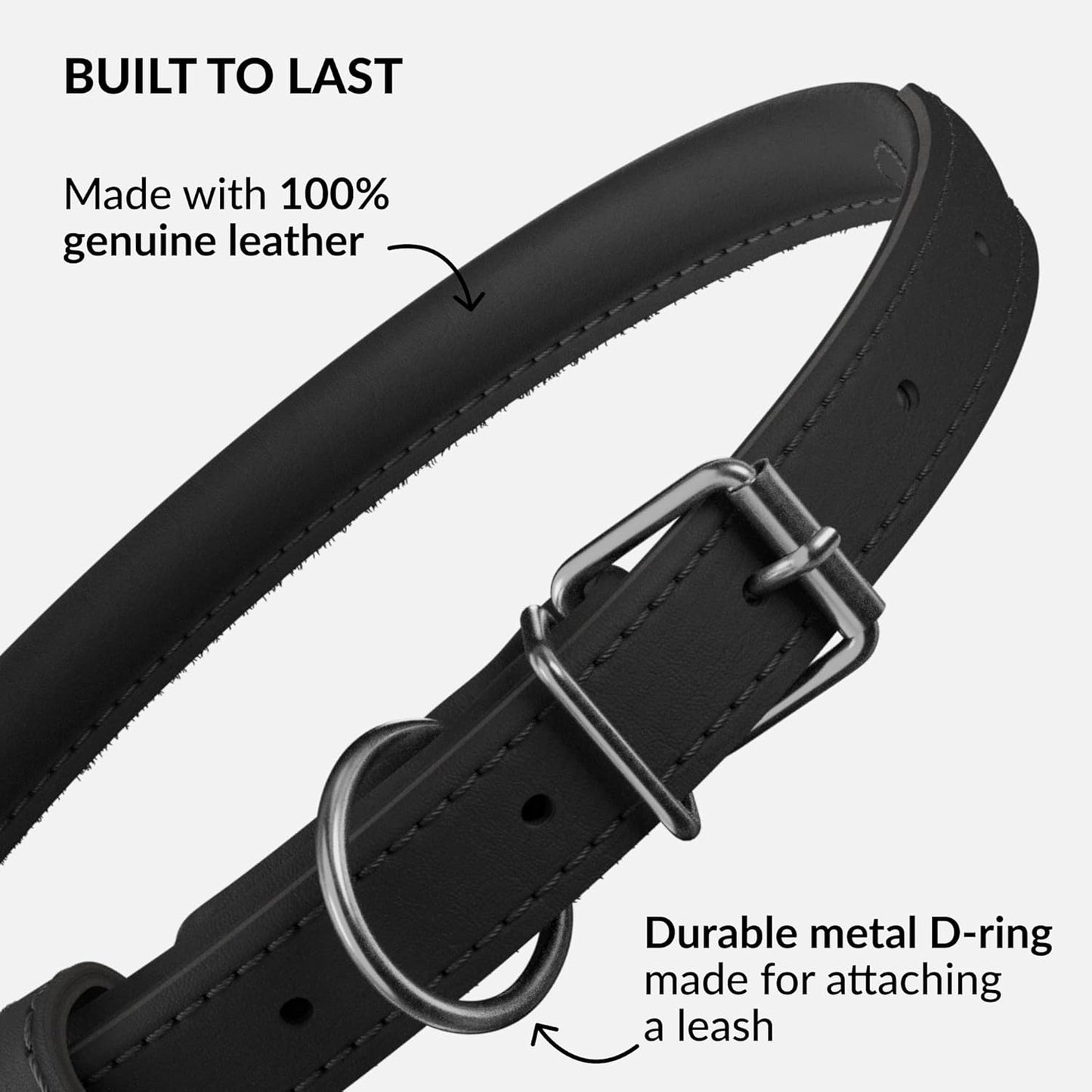 CollarDirect Rolled Leather Dog Collar, Soft Padded Round Puppy Collar, Handmade Genuine Leather Collar Dog Small Large Cat Collars 13 Colors (15-19 Inch, Black Smooth)