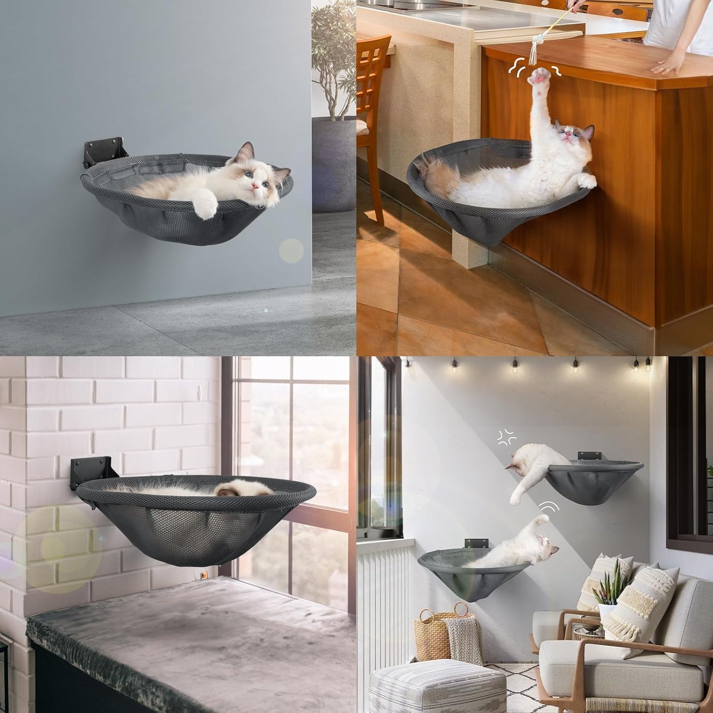 Cat Hammock Wall Mounted, Foldable & Stable Cat Beds- Breathable Cat Wall Shelves for Sleeping, Playing, Climbing, and Lounging - Maximum Hold Up to 30lb (Gray)