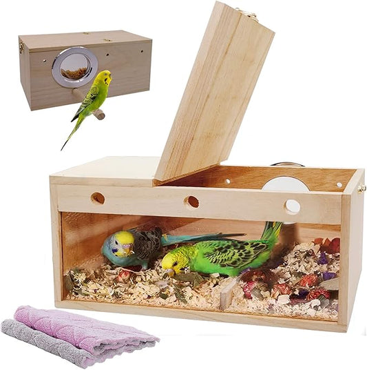 kathson Transparent Parakeet Nesting Box Parakeet Breeding Box Bird Nest with Perch Wooden Acrylic Bird House for Cage Nest for Parrot Lovebirds Cockatiel Conure Budgie and Other Small Medium Birds(L)