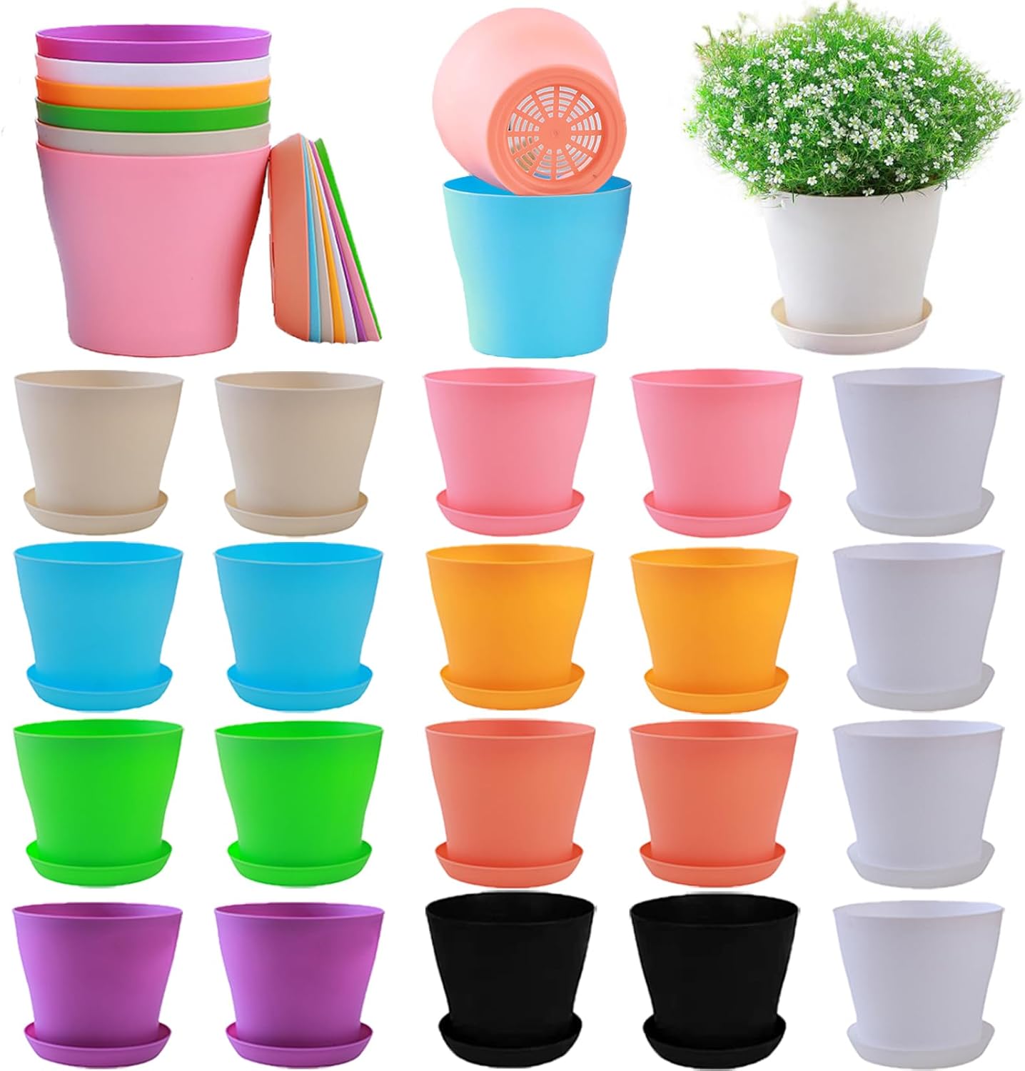 20 Pack 7 Inch Plant Pots Bulk Small Plastic Planters Pots with Drainage Holes Flower Pot for Succulent, Cactus, Herb, African Violet