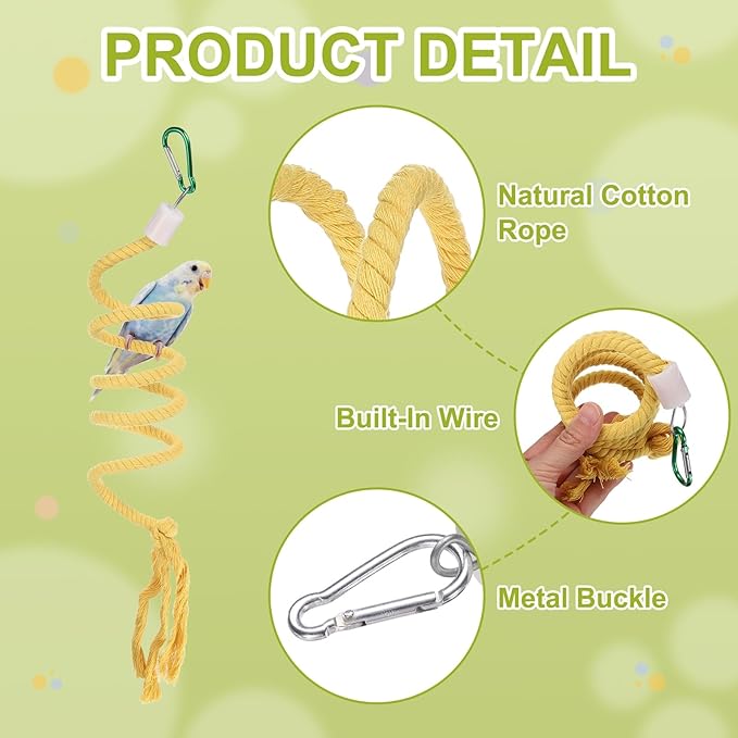 Bird Rope Perch Swing, Spiral Rope Perch Standing Pole Accessory Climbing Swing Paw Grinding 59 Inch, (Yellow) Intended for Parrot/Parakeet/Budgies/Cockatiels/Lovebirds