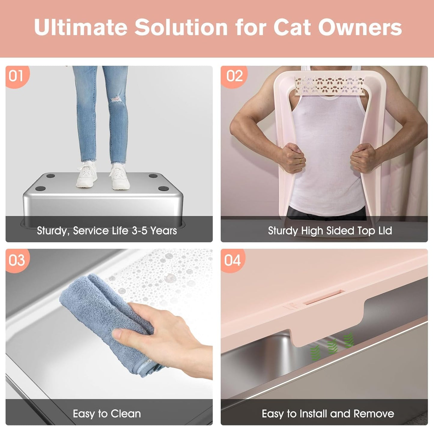 2PACK Stainless Steel Cat Litter Box with High Sides Lid, XL Litter Box for Big Multiple Cats, Extra Large Metal Kitty Litter Boxes with Anti-Leakage Enclosure, Non-Stick,Odorless,Scoop Included