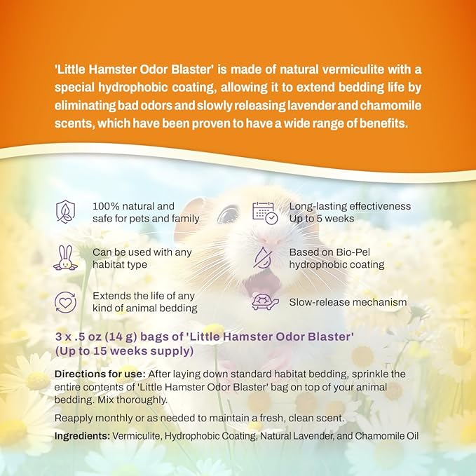LITTLE SAVER Hamster Odor Blaster | a New Generation Of Animal Bedding Deodorizer | Unique Slow Release Formula | Natural Fresh Scent - Lavender & Chamomile | Up to 15 Weeks Supply | 3 x 0.5oz bags