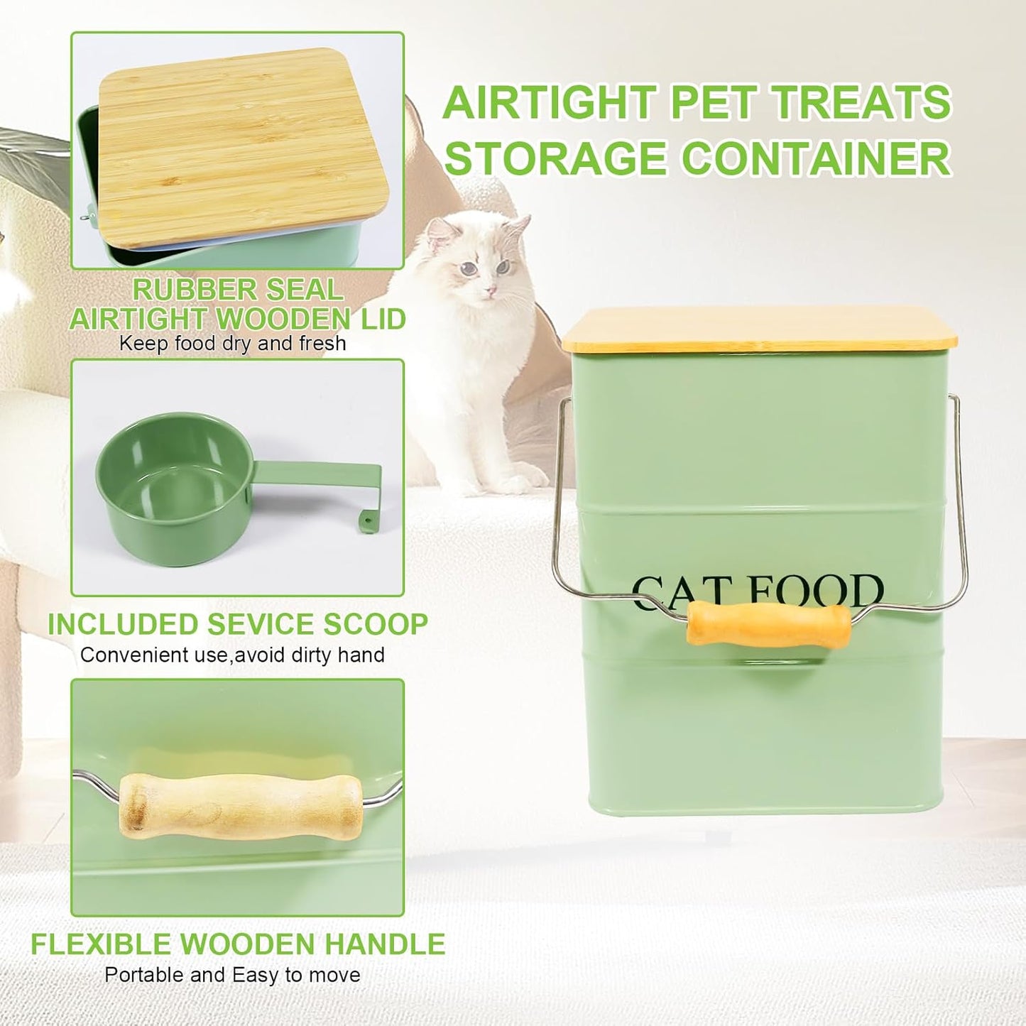 Cat Food storage container Cat Treats Jar,5~6 lb Metal food treats tin for Cat, pet snacks Canisters with wooden lid/handle/sevice scoop-Green