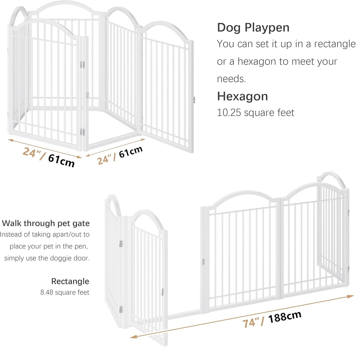 BHG Metal No-Assembly Freestanding Dog Gate with Door Walk Through, Extra Wide 120", Extra Tall 32" Pet Gate, Accordion Puppy Folding Playpen Dog Fence, with 2PCS Support (White, 5 Panels)