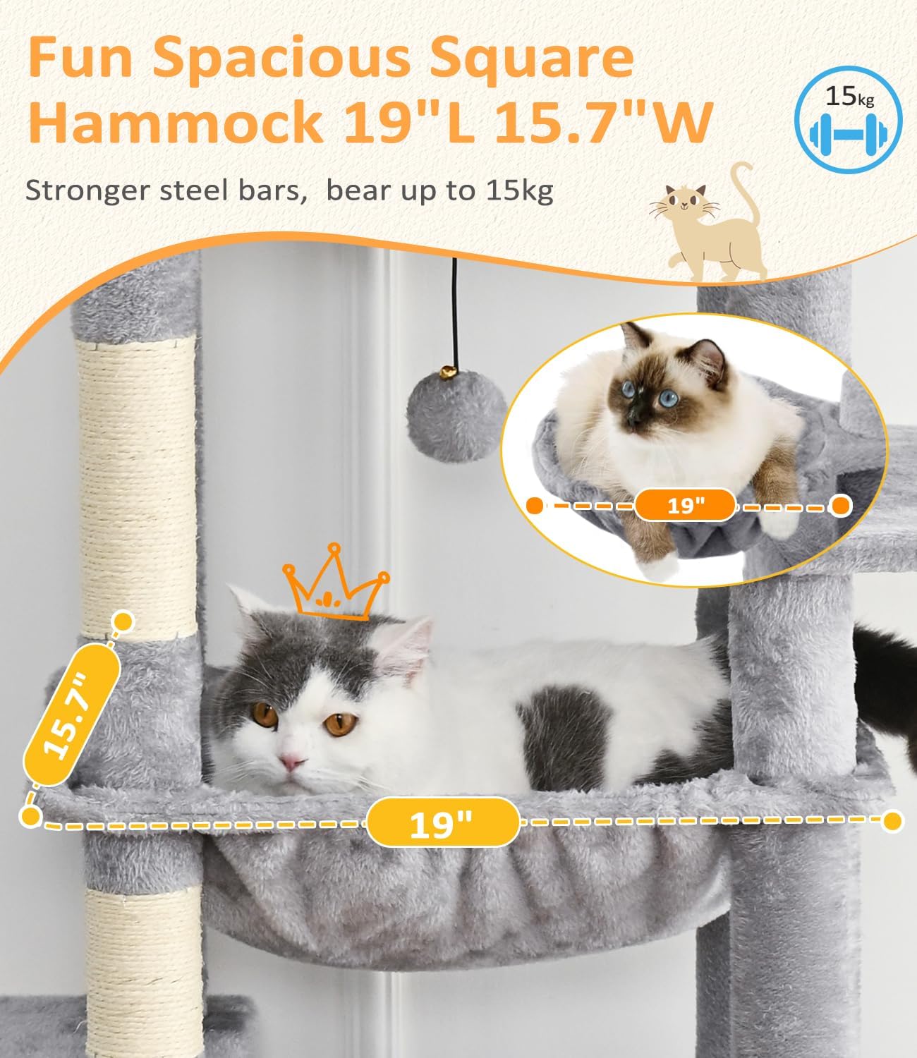 Cat Tree Large Cat Tower Tree 68" Multi-Level Cat Tower for Indoor Cats with Sisal Scratching Posts, Widen Cat Perche, Square Hammock, 2 Widen Condos, Scratching Posts, Light Grey