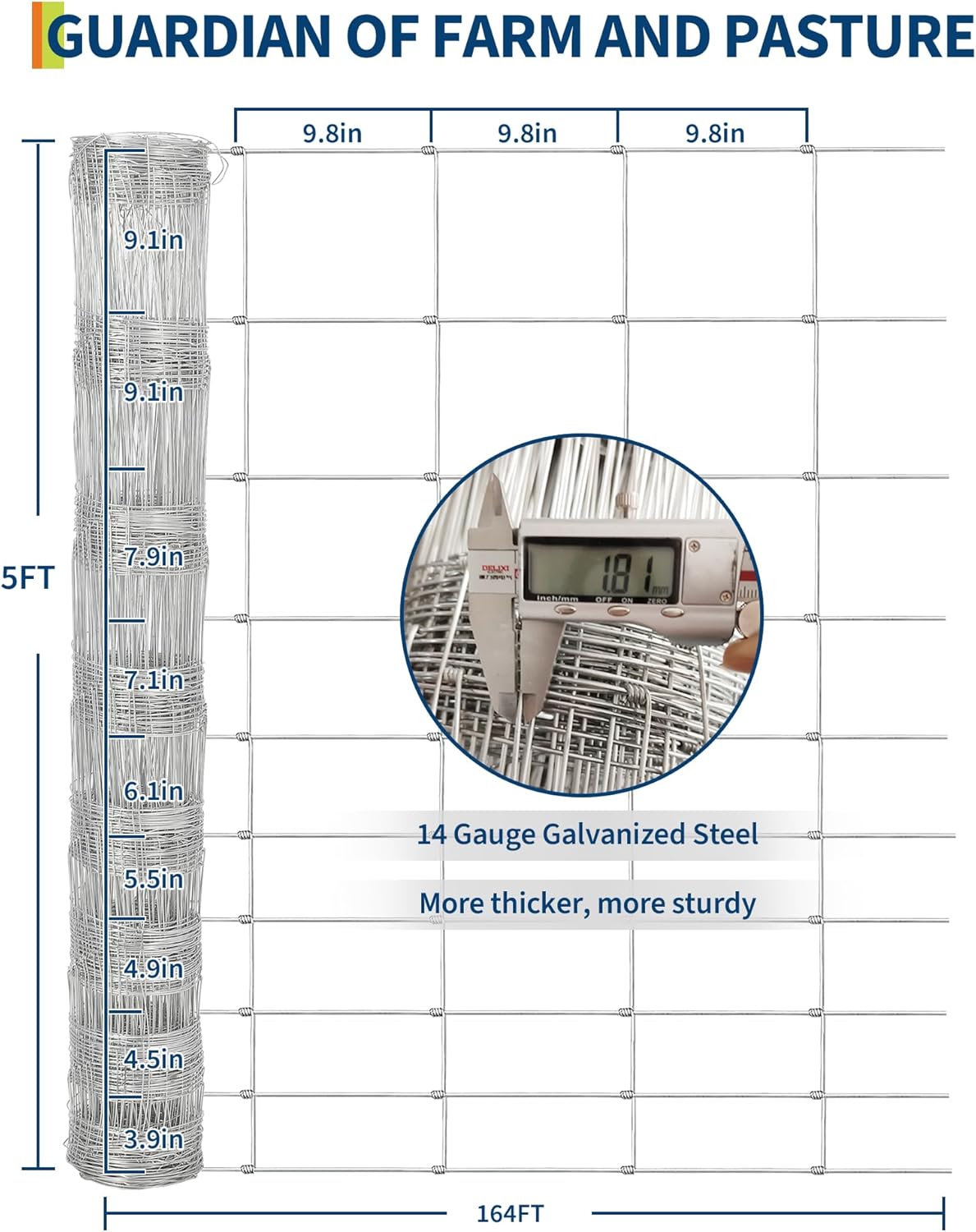 Cattle Farm Fence, 5ft x 164ft Galvanized Wire Fencing for Goat Deer Hog Yard Livestock Animals Protection