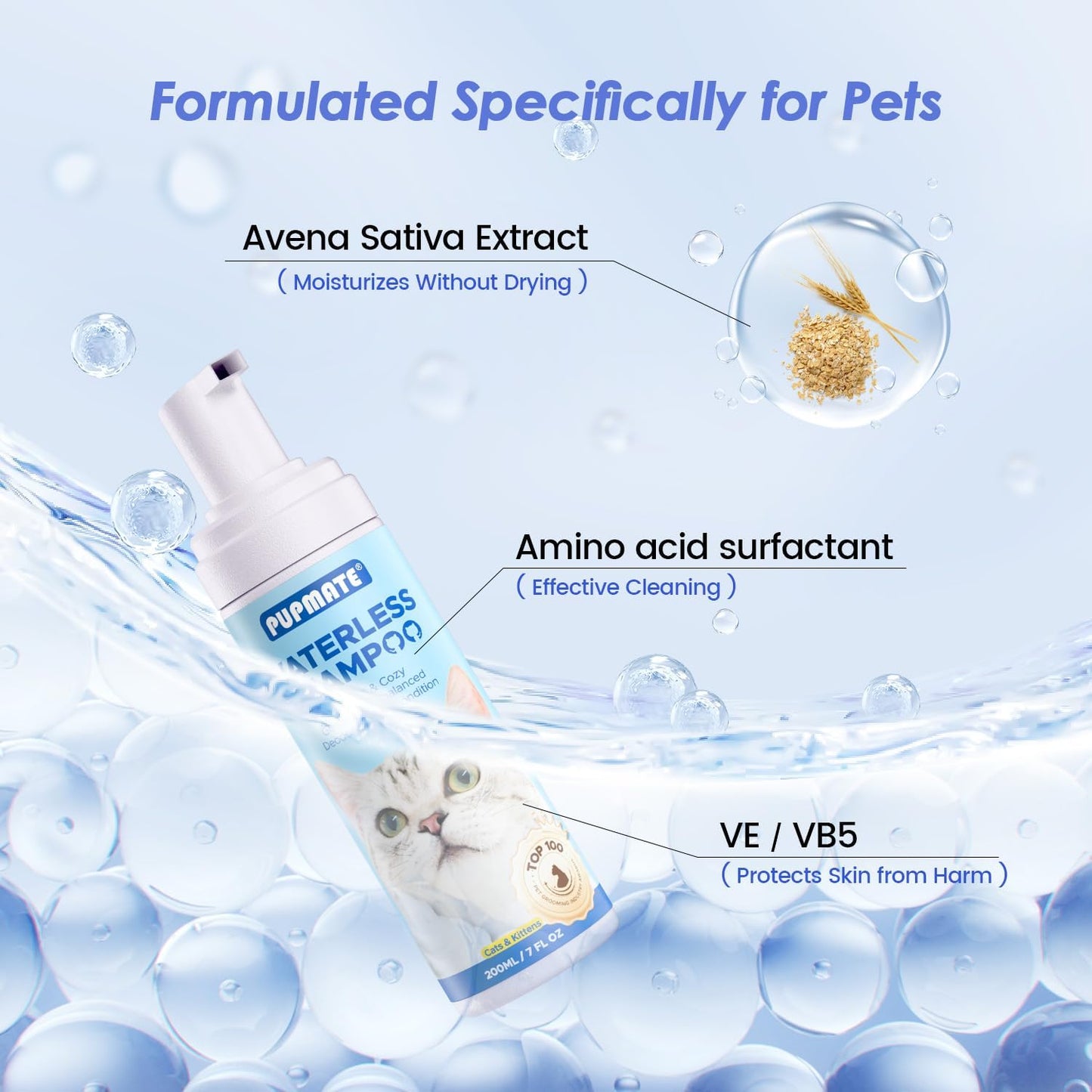 Cat Waterless Shampoo with Brush - No Rinse Formula for Quick Clean Between Baths, Hypoallergenic & Detangling, Reduce Itchy Skin Shedding & Odor Control,Vet-Recommended for Kittens/Senior Cats