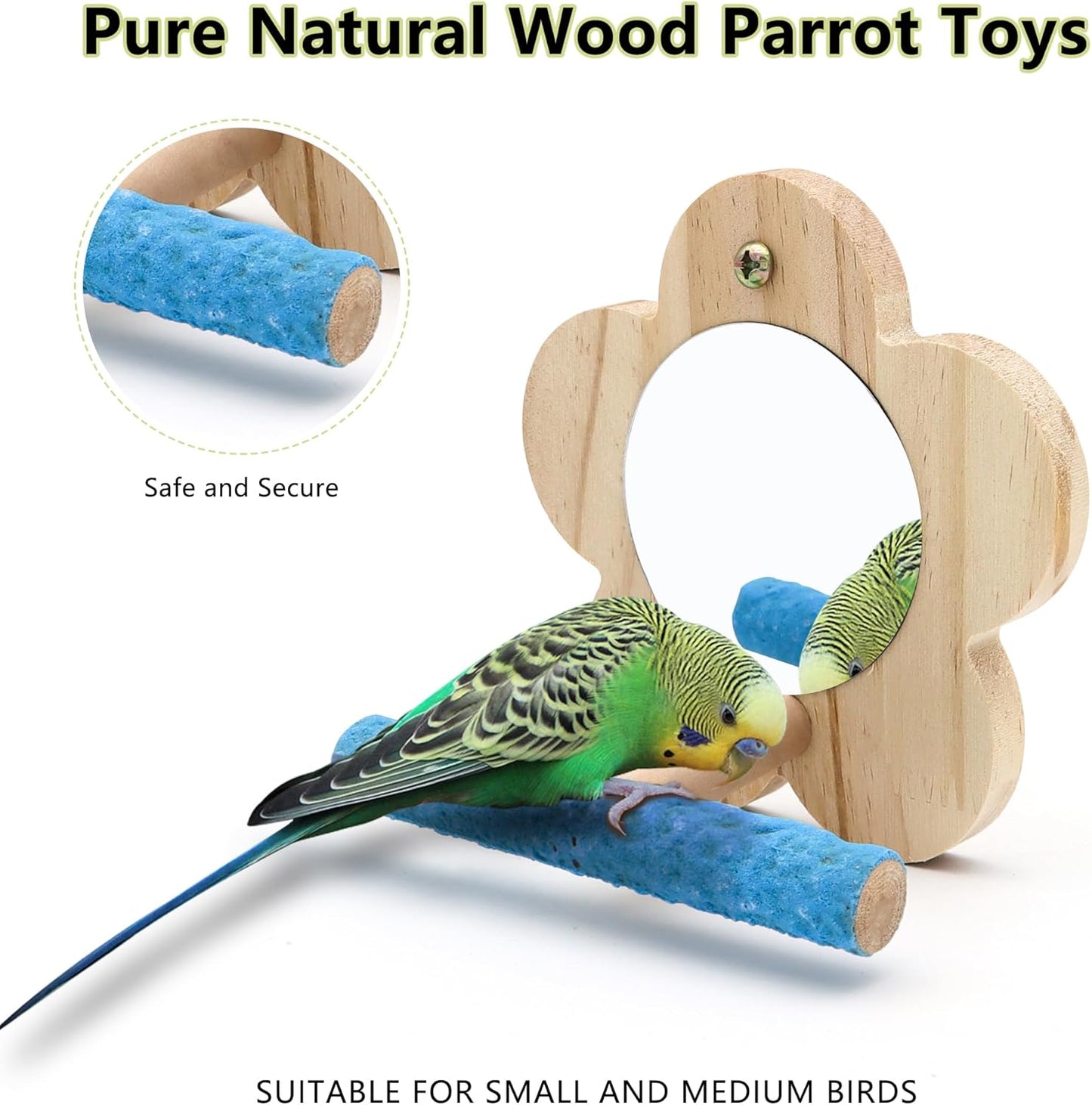 2Pcs Small Bird Mirror Parrot Swing,Wooden Parakeet Perches Flower Interactive Play Toys for Small Budgies Macaw African Grey Parakeets Lovebird Cockatiel Cage Accessories (S,Wood-2p)