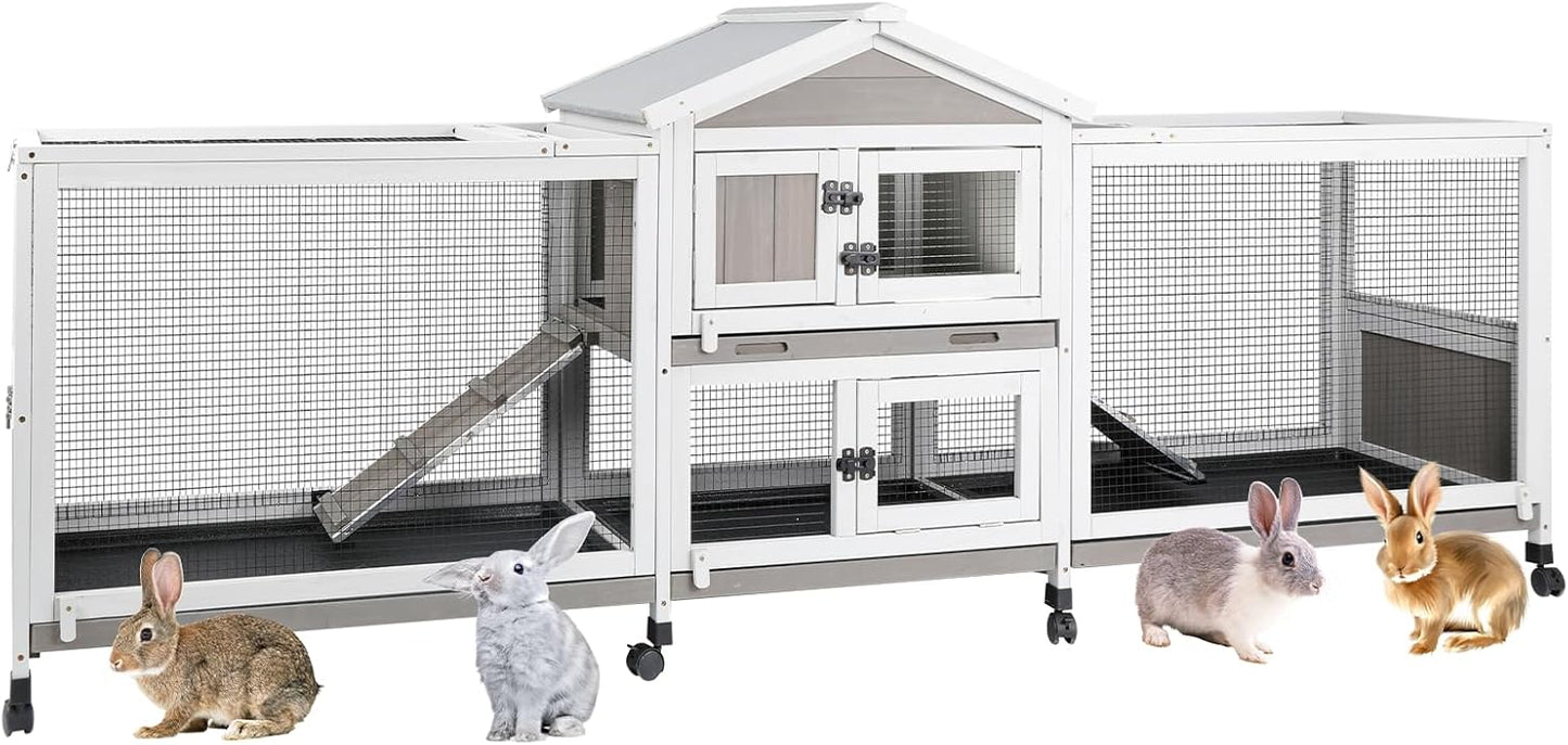 2-Tier Rabbit Hutch with Wheels, Indoor & Outdoor Small Animal Cage with Deep Pull-Out Tray, Anti-Chew Frame, Habitat for Bunny, Guinea Pig, Chinchilla (93" L x 19" W x 35" H)