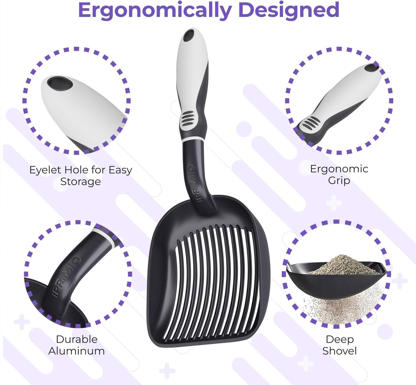 iPrimio Cat Litter Scoop Metal w/ Deep Shovel, Black - Non Stick Plated Aluminum Cat Litter Scooper with Holder - Litter Box Scooper - Metal Cat Litter Scoop - Patented Sifter w/ Holder - Solid Handle