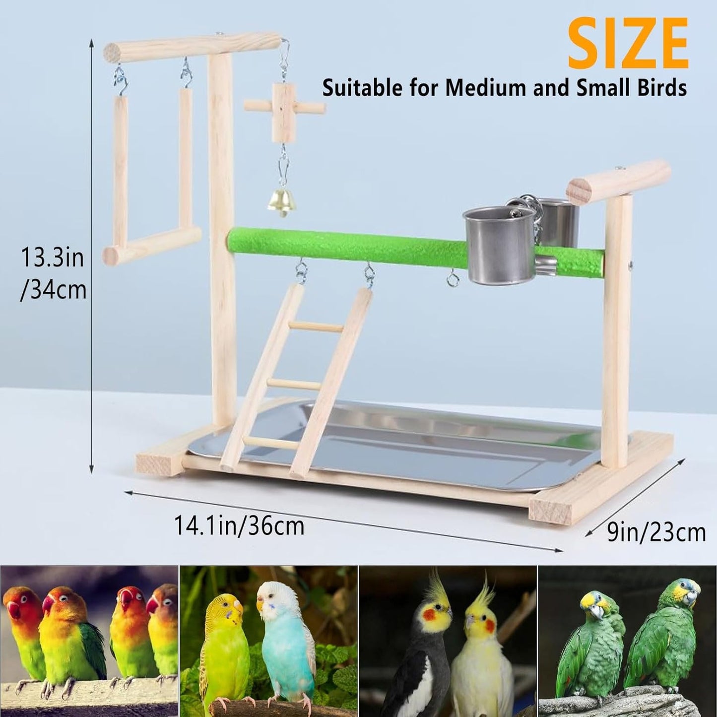 Birds Playground Parrot Playstand Birds Perch Stand Gym Natural Wood Play Stand with Ladder Swing Feeder Cups for Parakeets Cockatiels Lovebirds Conures Budgies