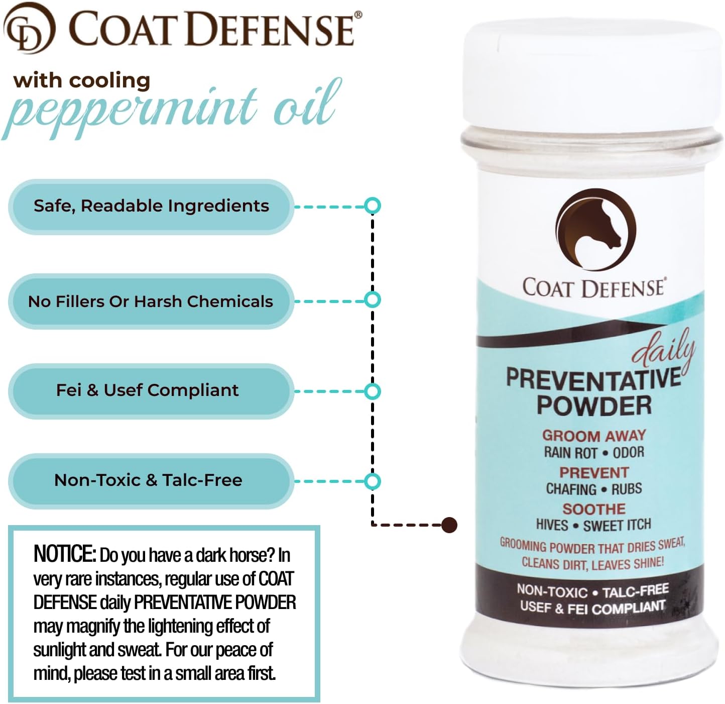 Coat Defense Daily Preventative Powder for Horses - Safe & Effective Equine Sweet Itch, Skin Funk, Scratches, & Rain Rot Treatment - Dry Shampoo for Horses, 8 oz Formula with All Natural Ingredients