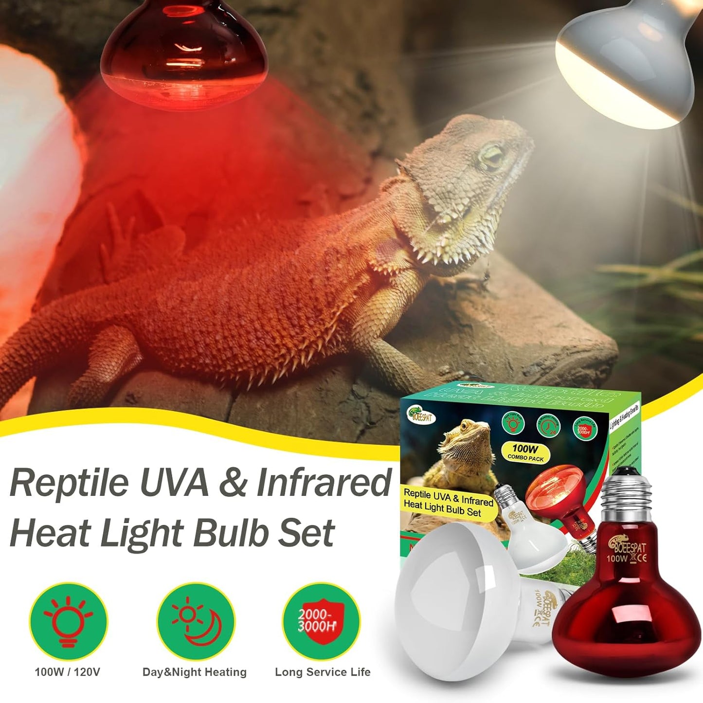 100W Daylight Basking Light Bulb & Infrared Heat Lamp Bulb for Amphibians Reptiles Bearded Dragon, Turtle, Lizard, Snakes, Geckos, ...