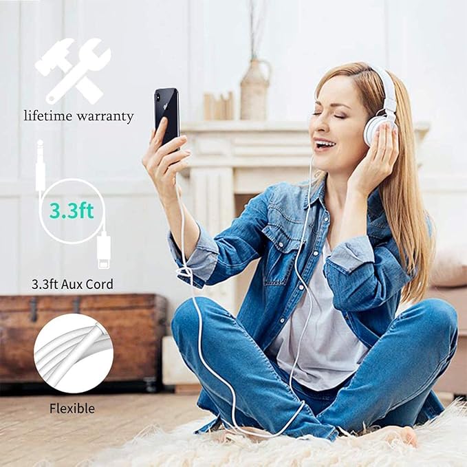 (Apple MFi Certified) iPhone AUX Cord,Lightning to 1/8 Inch Audio Cable,3.3ft, Headphone Jack Adapter Male Aux Stereo Audio Cable Compatible for iPhone 14/13/12/11/XR/X/8/7 (White)