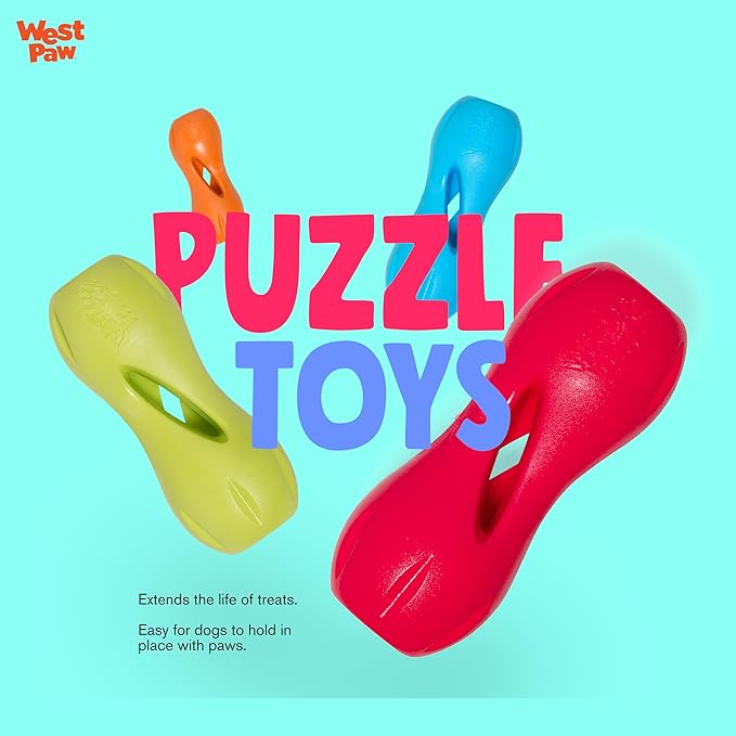 WEST PAW Zogoflex Qwizl Dog Puzzle Treat Toy – Interactive Chew Toy for Dogs – Dispenses Pet Treats – Brightly-Colored Dog Enrichment Toy for Aggressive Chewers, Fetch, Catch, Large 6.5", Ruby