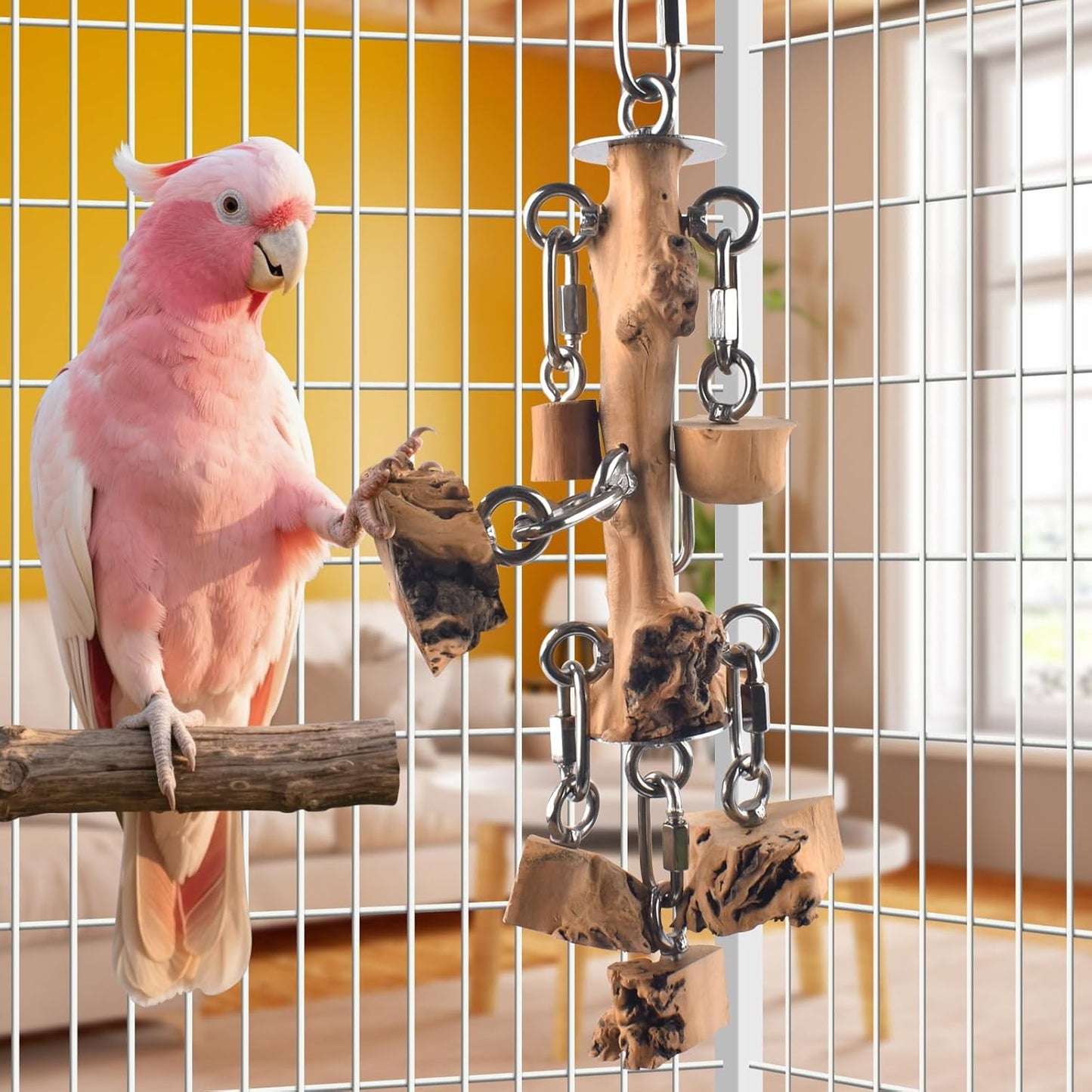 Bird Toys for Parrots, Durable Wooden Large Birds Toy with Stainless Steel, Hanging Natural Chew Hardwood Blocks for Macaws, African Greys, Amazon Parrot, Cockatoos and Small Medium Parakeets