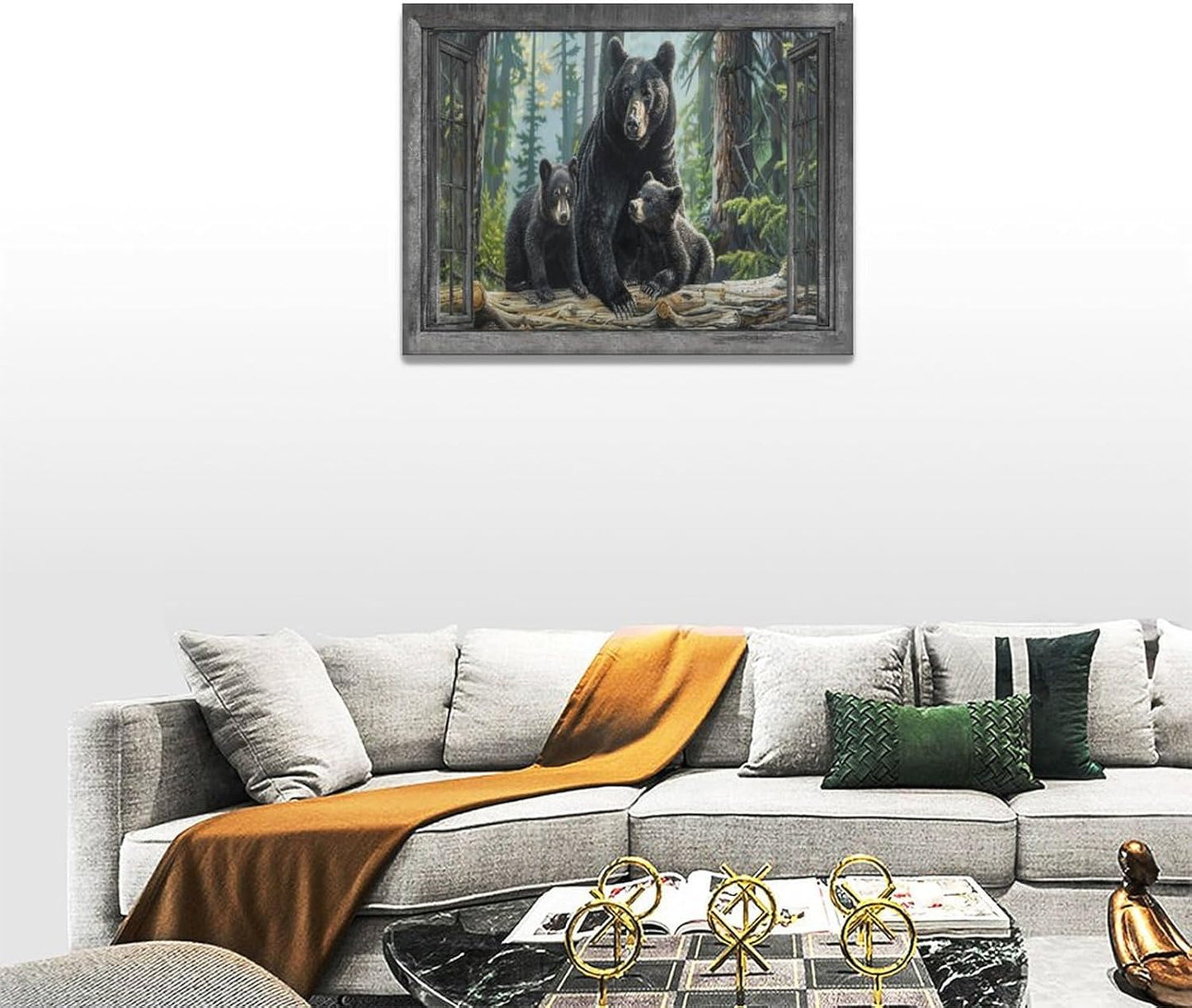 Black Bear Wall Art Forest Window Canvas Cabin Living Room Pictures Prints Animal Wall Decor Painting Artwork for Bedroom Dining Office Home 16"x12"