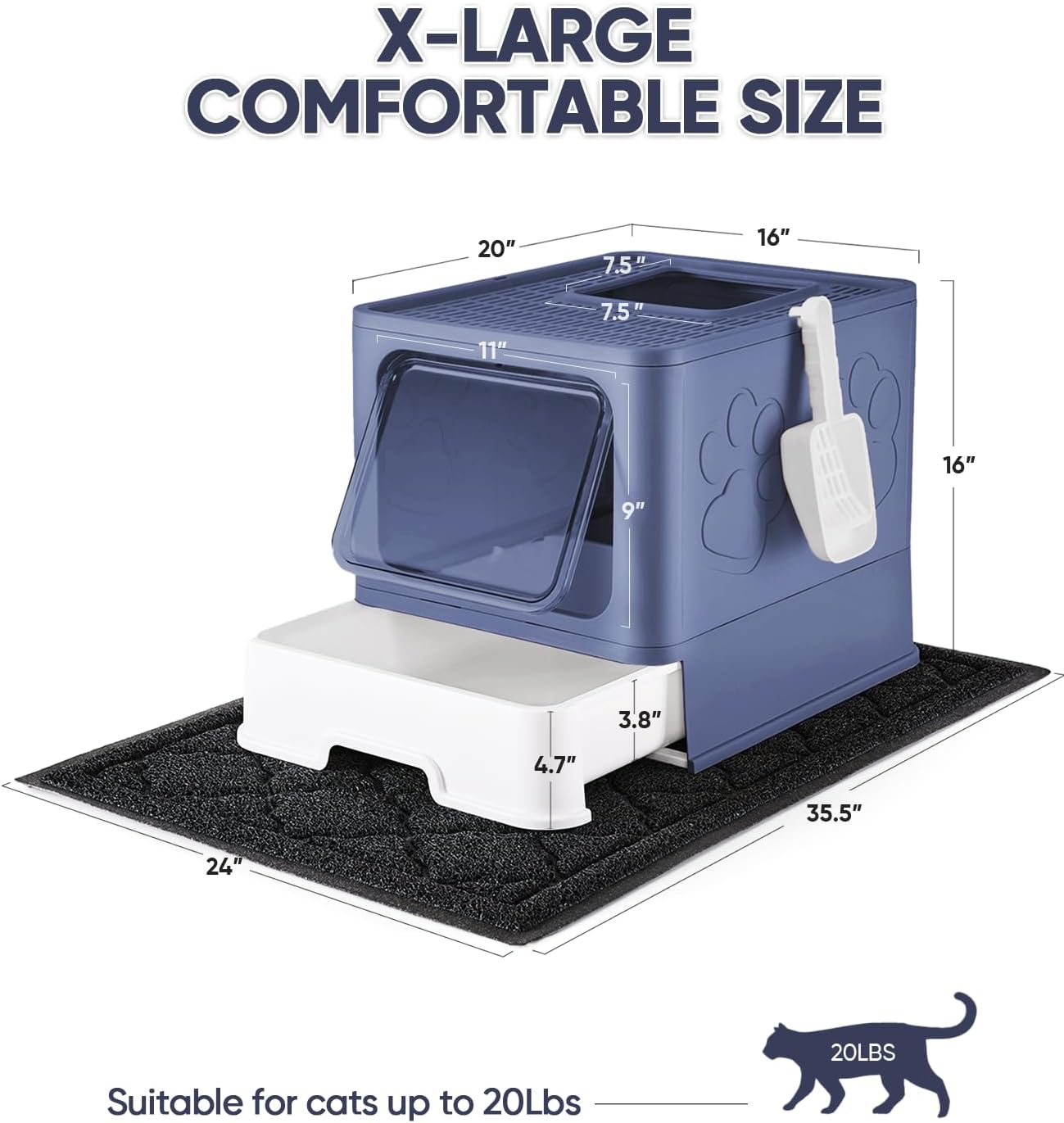 Cat Litter Box with X-Large Litter Mat and Scoop, Large Foldable Litter Box with Lid, Enclosed Kitty Box,Front Top Entry Exit, Odor Control Easy to Clean (Upgrade Midnight)