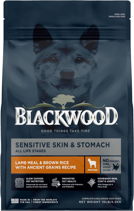 Blackwood Sensitive Skin & Stomach Dry Dog Food, Lamb Meal & Brown Rice with Ancient Grains, 10 Pound Bag with Prebiotics & Probiotics to Promote Gut Health