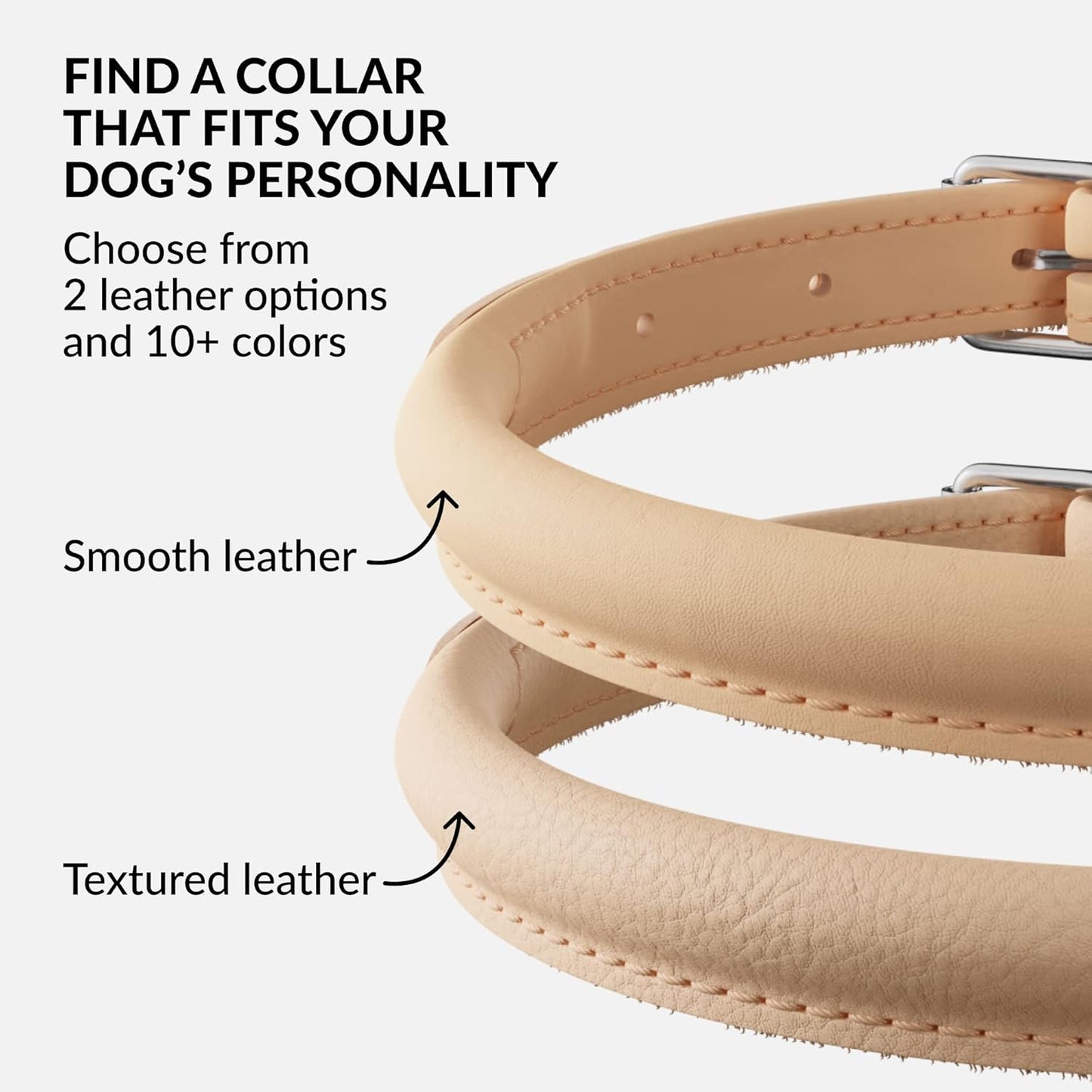 CollarDirect Rolled Leather Dog Collar, Soft Padded Round Puppy Collar, Handmade Genuine Leather Collar Dog Small Large Cat Collars 13 Colors (6 Inch, Beige Smooth)